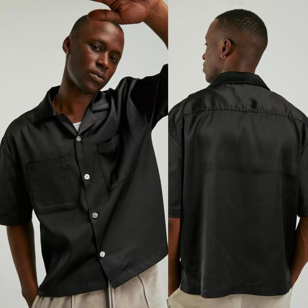 Urban Outfitters Standard Cloth Logan Boxy Satin Shirt in Black Size Large NWOT